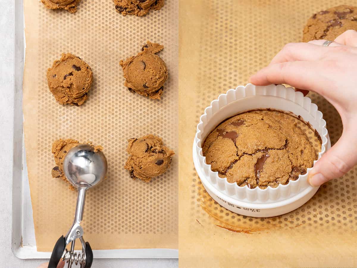 using an icecream scoop to form cookies and shaping cookies for perfect circle on a baking sheet.