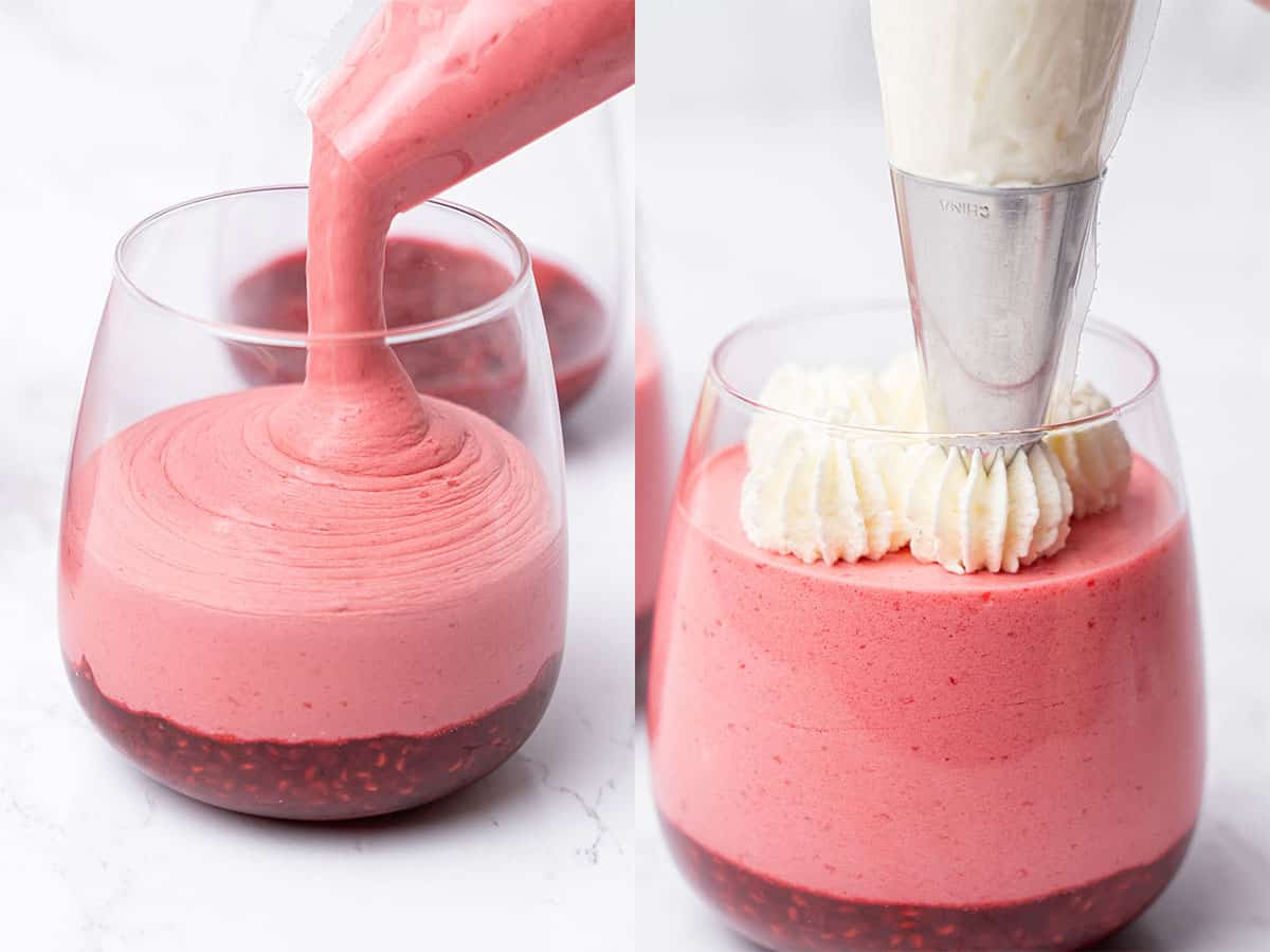 Raspberry mousse assembly in a glass.