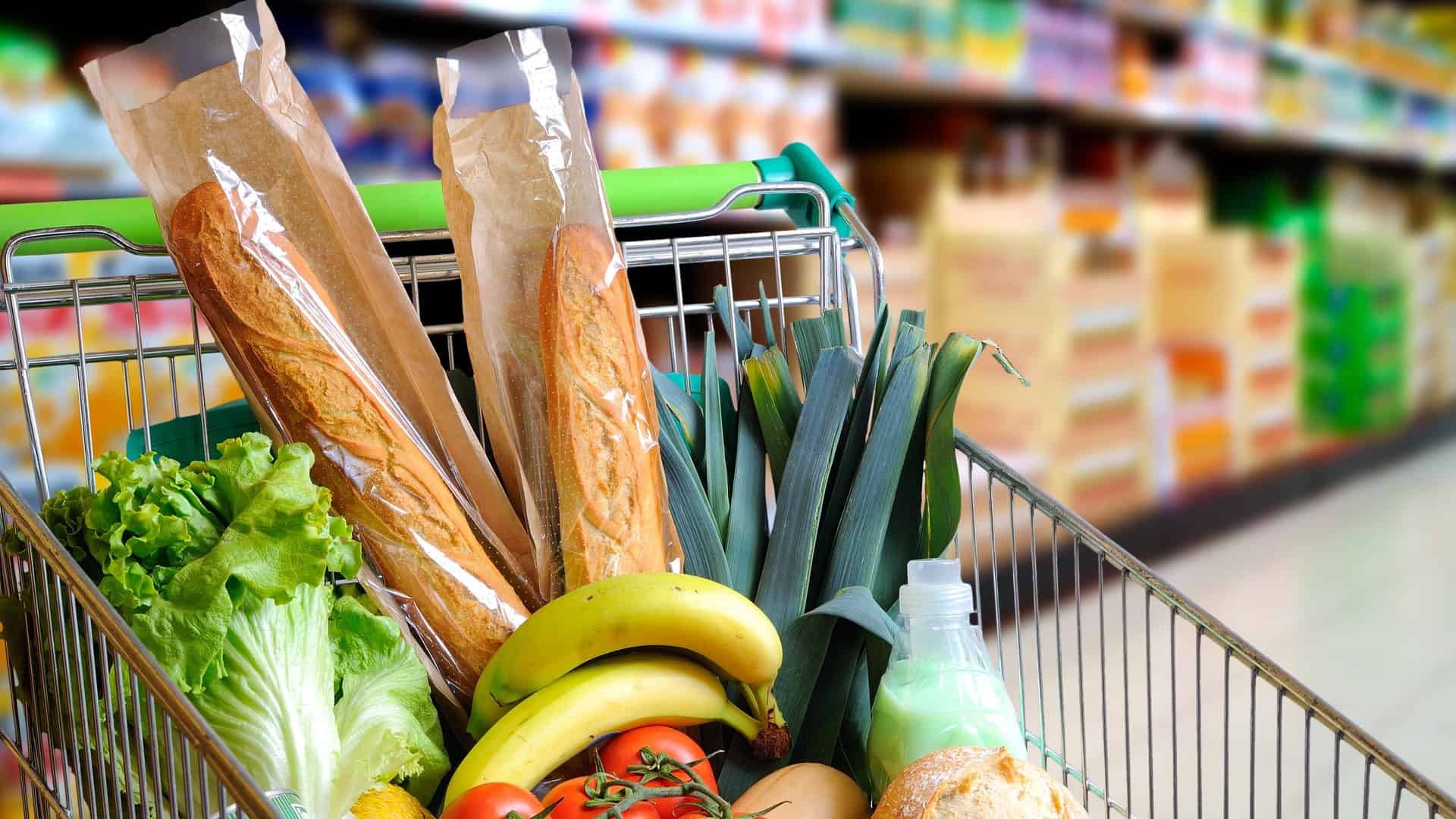 grocery shopping cart full of food