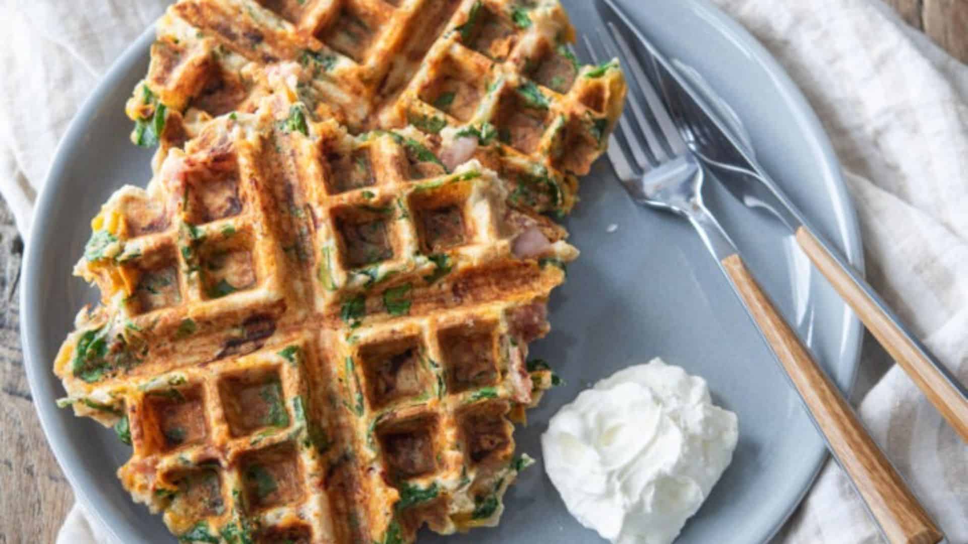 Savory Waffles with Spinach, Ham and Cheese