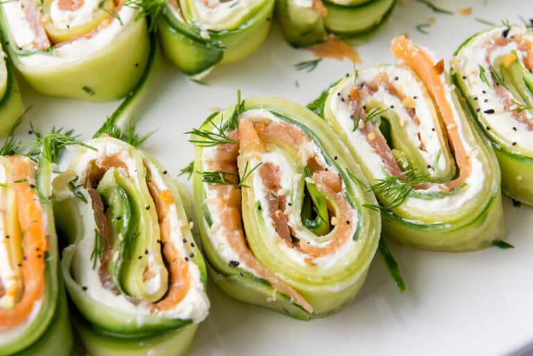 Everything Bagel Cucumber Rolls with Cream Cheese and Smoked Salmon